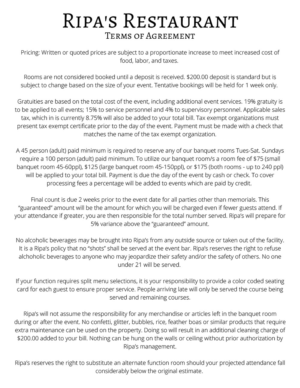 Restaurant Event Terms